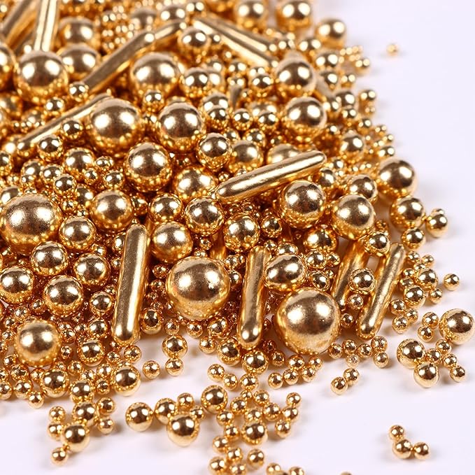 Gold Pearl Sprinkles for Cake Decorating, Pearl Metallic Rod Mix, 4.23 oz Gold Sprinkles for Cupcakes, Ice Cream, Cookies, Baby Showers, Celebrations, Weddings, Valentines, and Easter. (120g)