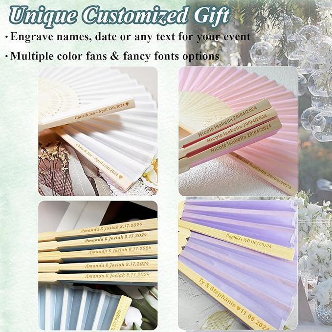 70 Pcs Personalized Pink Wedding Folding Fans for Guests, Custom Engraved Summer Wedding Fans, Folded Hand Fans for Wedding Favors, Vintage Silk Handheld Fans for Bridal Shower Decorations