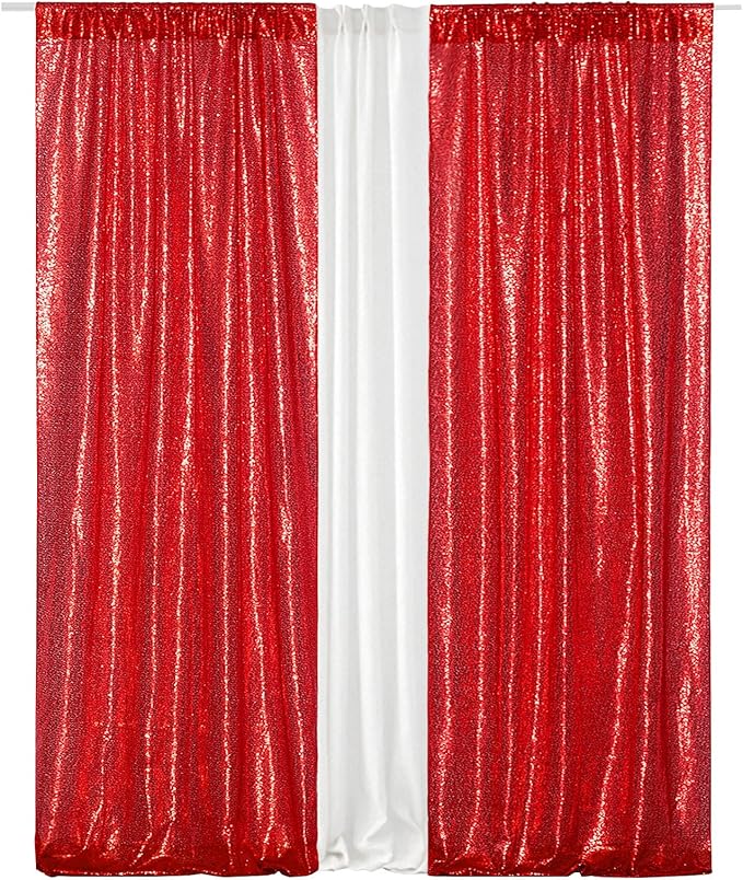 Eternal Beauty Red Sequin Backdrop Curtains, Shimmer Back Drop 4Panels-2FTx8FT for Christmas, Party, Birthday, Photography, Wedding, Baby Shower Event Decoration