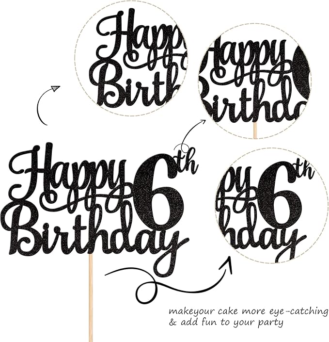 1 PCS Happy 6th Birthday Cake Topper Glitter Cheers to 6 Years Cake Pick Number 6 Fabulous Cake Decoration for 6th Birthday Theme Party Decorations Supplies Black