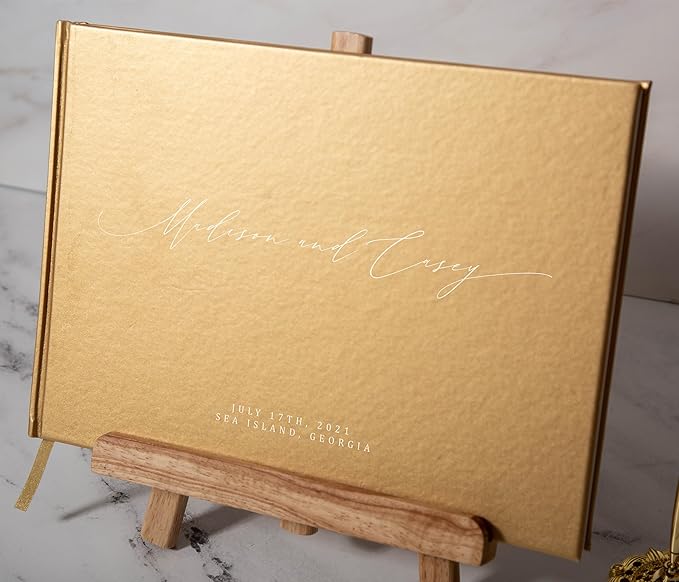 MUUJEE Personalized Guestbook in Gold - Premium Custom Modern Guest Book for Wedding Reception, Birthday Party or Events w/Bookmark Blank Pages for Signing 11.5 x 8.5 inches