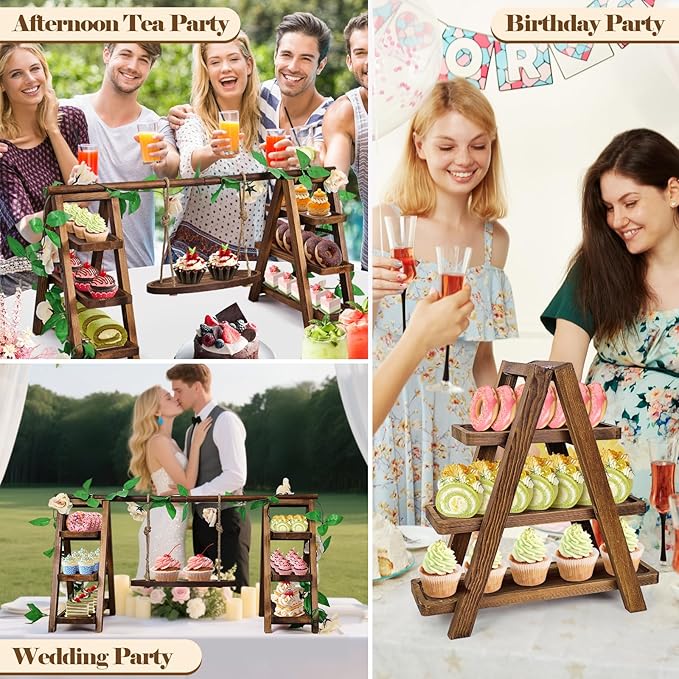 Wooden Cupcake Stand,3 Tier Cake Stands Party Food Display Serving Platter Tray Ladder Stand with Swing and Flower Decor,Rustic Dessert Table Display Set for Cake Fruit Donut Snack Cookie