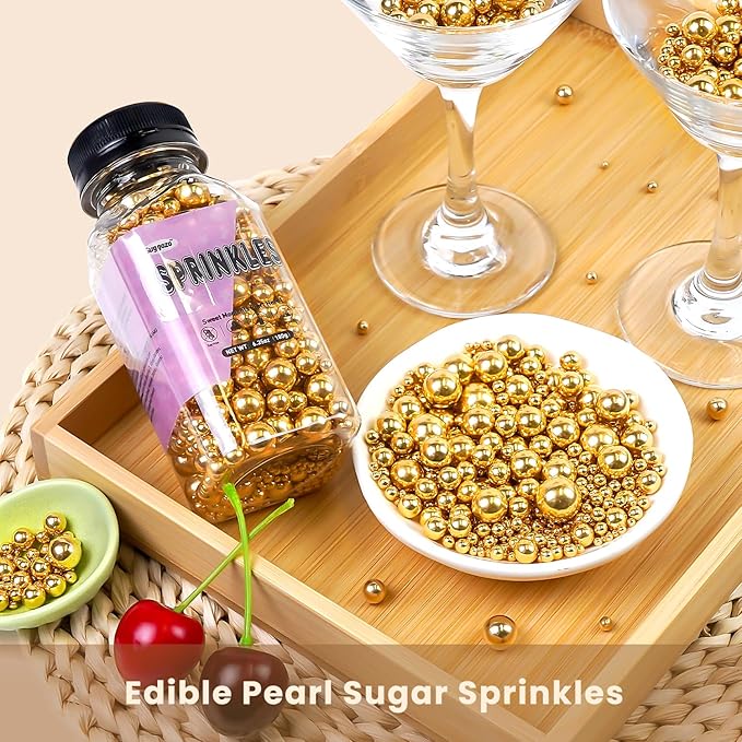 Gold Pearl Sprinkles, Edible Sugar Pearl, Bright Sprinkles 180g/6.35oz, Gold Pearls for Cake Decorating, Edible Cake Decorations, Cupake Toppers, Wedding Party Supplies