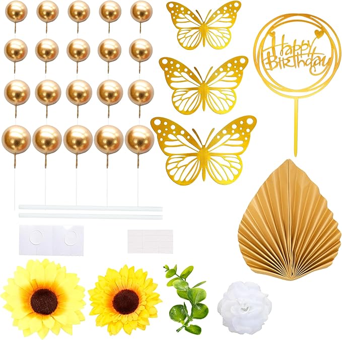 Gyufise 54Pcs Artificial Sunflower Cake Decorations Acrylic Happy Birthday Cake Topper Butterfly Balloon Cake Toppers for DIY Wedding Birthday Valentine's Day Party Supplies Yellow