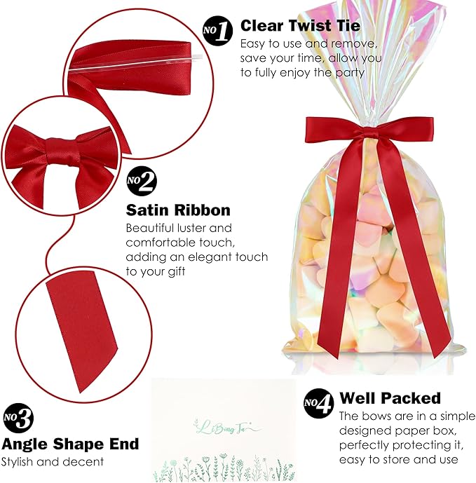 50 PCs Red Bow Decor 5.5'' Satin Bows with Long Tail, Twist Tie Bows for Craft, Packaging Ribbon Bows, Premade Bows for Cake Decorating, Gift Bows for Treat, Wedding Favor, Party
