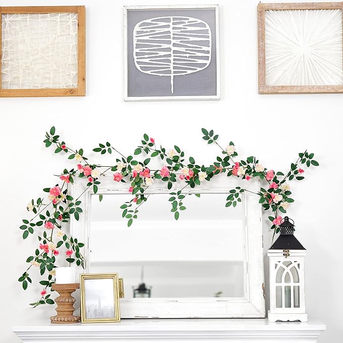 FiveSeasonStuff Bendable Posh Pink Flower Garlands, Artificial Silk Wild Roses Vine Leaves Hanging Flowers for Wall Decoration Basket Trellis Wedding Home 2 Pack 12 ft