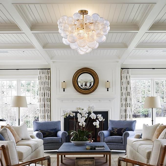 Bubble Ball Semi Flush Mounting Ceiling Light Fixtures, Dia 20 inch Gold and Clear Blown Glass Small Swirled Glass Chandelier for Bedroom Study Bathroom Dining Room