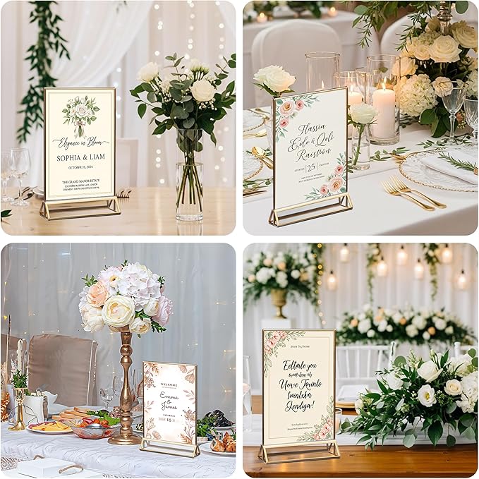 8 Pack Acrylic Sign Holder 4x6 Gold Frames, Wedding Table Number Holders Double Sided Vertical Clear Display Stand, Picture Holders for Tables, Menus, Flyers, Party and Office Decor