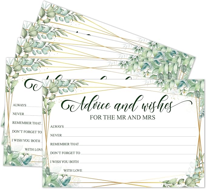 Advice And Wishes Cards For the Mr & Mrs, Gold Foil Greenery Wedding Advice Card For Bride Groom Newlyweds, 25 Wishes Cards for Wedding Bridal Shower Engagement Party, 01