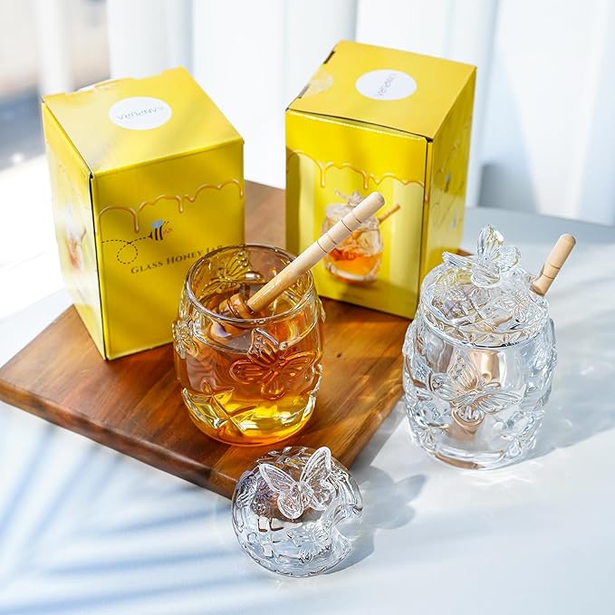 kanpura Clear Crystal Honey Jar with Dipper and Lid, Honey Bee Pot, 4.5oz Glass Honey Pot for Home Kitchen