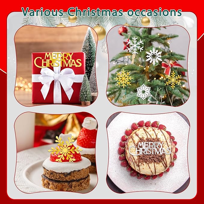 26 Pcs Merry Christmas Acrylic Cupcake Toppers Acrylic Mirror Snow Xmas Cupcake Picks New Year Party Cake Decorations