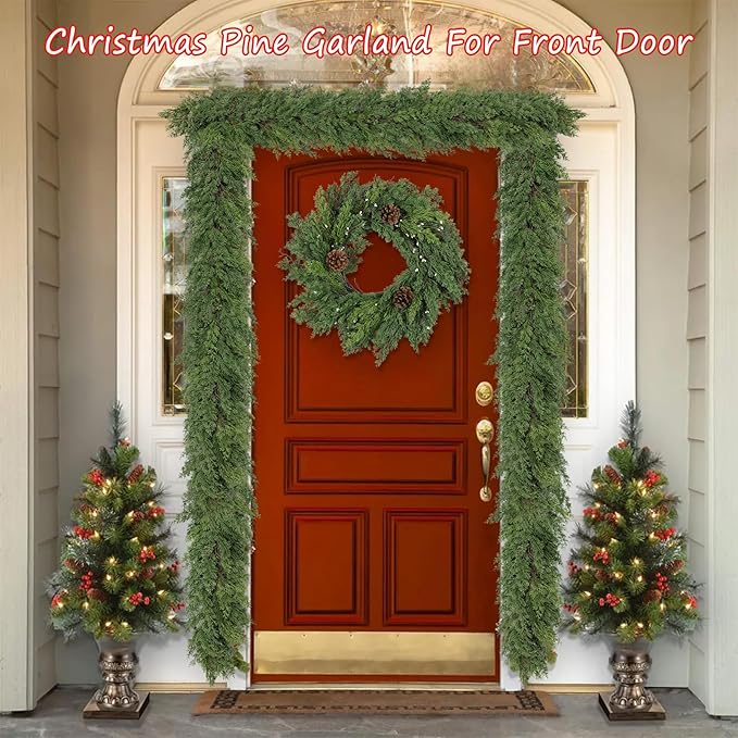 Artgar 16 Ft Christmas Garland - Cedar Garland - Cypress Garlands - Real Touch Pine Garlands - Garland Christmas Decorations for Home Dining Table Mantel Porch Winter Christmas Decor
