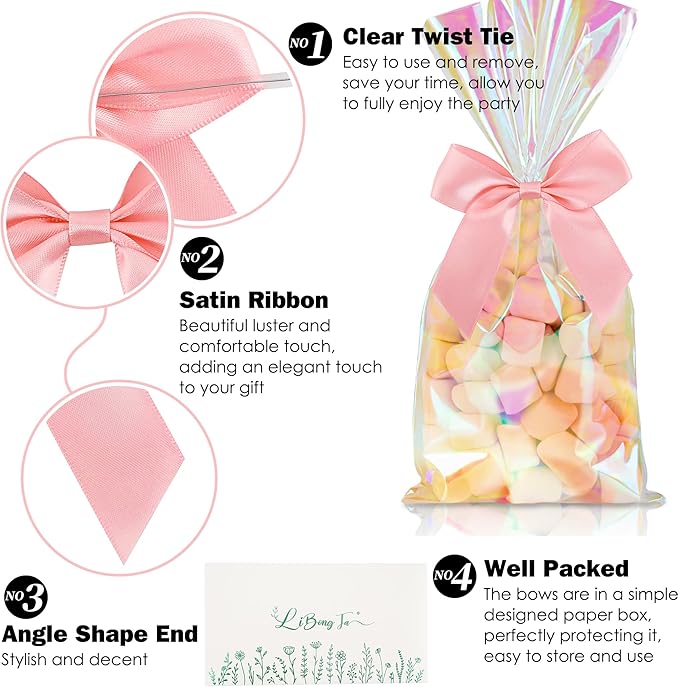 3.5" Pink Bow Satin Pre-Tied Bows for Gift Wrapping, Small Bows for Crafts, Premade Bows, Candy Apple Bows, Twist Tie Bows for Cake Decorating, Party Favor, Wedding Decoration-36 Counts