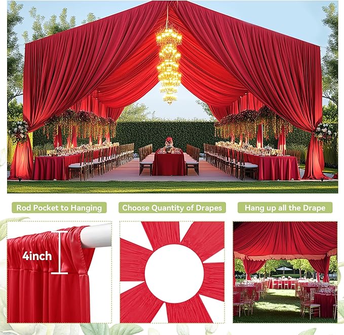 PartyVillage 50ftx40ft Red Ceiling Curtain for Wedding Parties – 10 Panels Wrinkle-Free 40 FT Long Tent Draping Curtains for Wedding, Birthday & Theme Parties, 40ft Height with Rod Pocket