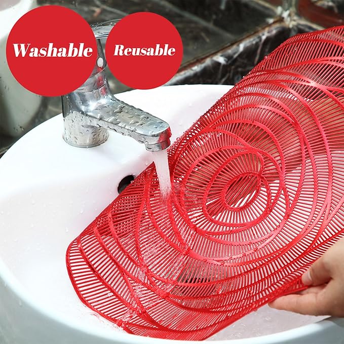 Sieral 12 Set 15 Inch Round Pressed Vinyl Placemats Hollow Out Rose Placemat Set Metallic Slip Resistant Place Mat Coaster Including Place Mats and Coasters for Wedding Dining Kitchen (Red)