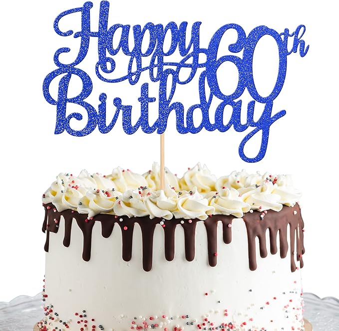 1 PCS Happy 60th Birthday Cake Topper Glitter Cheers to 60 Years Birthday Cake Pick 60 Fabulous Cake Decoration for Happy 60th Birthday Anniversary Party Decorations Supplies Blue