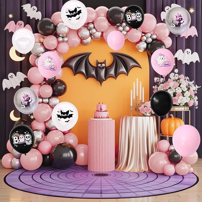 Halloween Party Balloons Decorations,12 Inch Pink and Black Balloons Set Pink Silver Print Balloon Cute Balloon for Halloween Themed Party Supplies