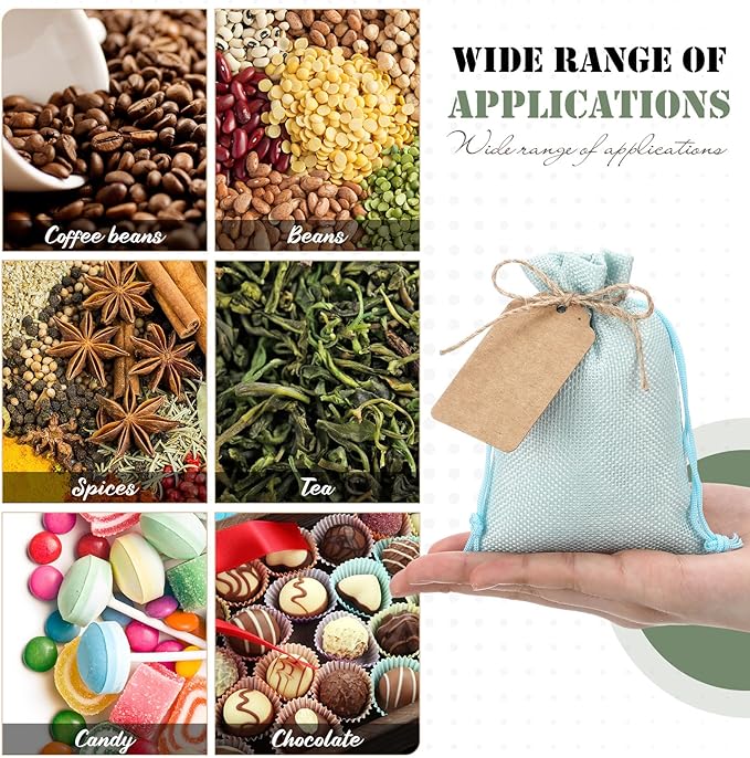 Woanger 100 Pcs Burlap Gift Bags with 100 Pcs Kraft Paper Gift Tags Drawstring Favor Bulk Burlap Sack Bags for DIY Wedding Party Craft(4 x 6 Inch,Mint, Grass, Army, Dark Green)
