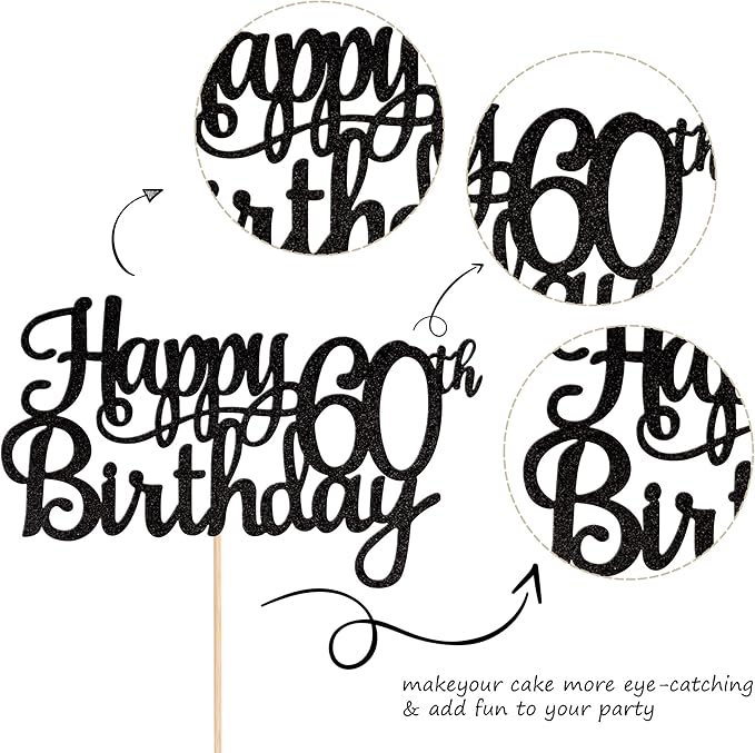 1 PCS Happy 60th Birthday Cake Topper Glitter Cheers to 60 Years Birthday Cake Pick 60 Fabulous Cake Decoration for Happy 60th Birthday Anniversary Party Decorations Supplies Black