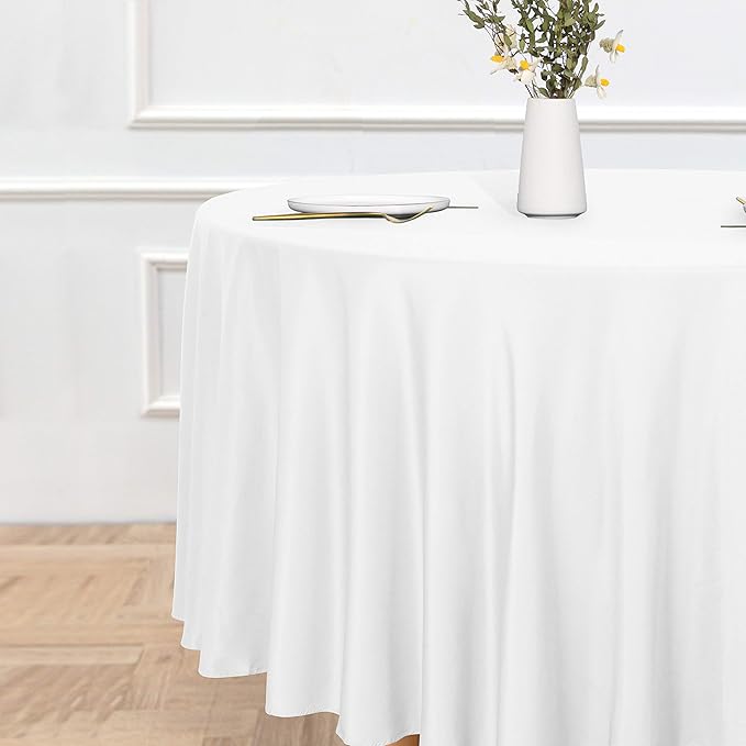 sancua Round Tablecloth - 120 Inch - Water Resistant Spill Proof Washable Polyester Table Cloth Decorative Fabric Table Cover for Dining Tables, Buffet Parties and Camping, White