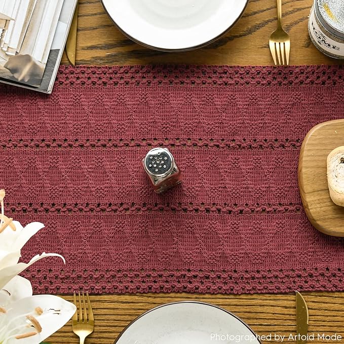Artoid Mode Red Farmhouse Woven Rustic Hollow Table Runner, Seasonal Holiday Hollow Kitchen Dining Table Decoration for Home Party Decor 12x120 Inch