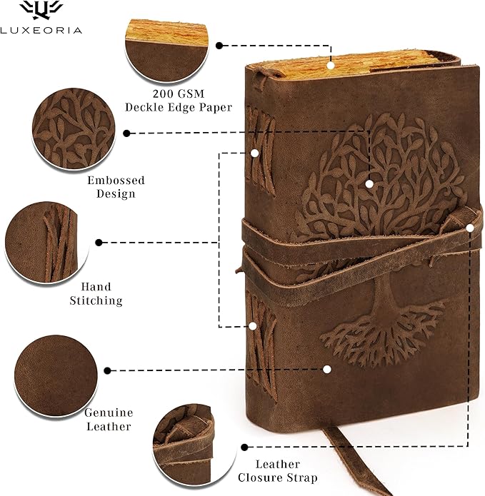 LUXEORIA Tree Of Life Leather Journal for Women and Men, Handcrafted Leather Journal for Writing Womens, Sketchbook, Travel Diary with Unlined Deckle Paper, Distressed Brown 6x8