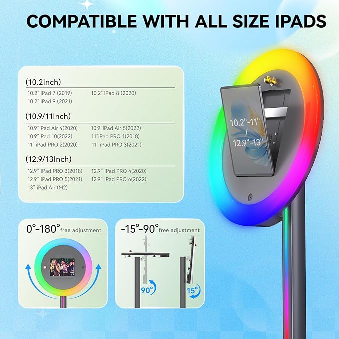 Portable Photo Booth Stand for iPads with Cyratok APP/Voice Control and RGB Fill Light Lightweight Aluminum Alloy Photobooth Machine Perfect for Parties,Wedding and Events(Black)