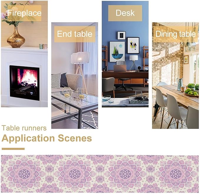 Purple Pink Mandala Table Runner, Traditional Indian Boho Mandala Flowers Print Table Runne for Kitchen Dining Table Office Wedding Party Holiday Home Decor, 13x108inch
