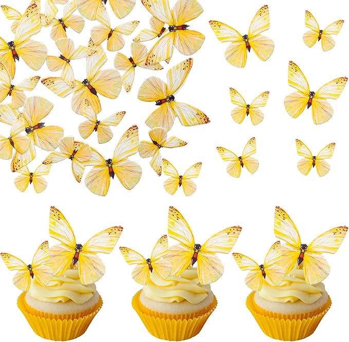 Ephlyn 72Pcs Edible 3D Realistic Cupcake Toppers - Cute Butterfly Cake Picks for Baby Shower, Boys Girls Birthday Party Decorations - Yellow