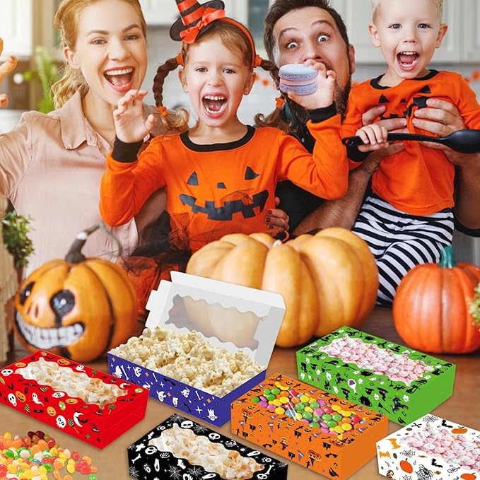 24 Pack Halloween Large Treat Boxes, Trick or Treat Candy Boxes with Window Halloween Party Favors Gift Goodie Boxes Supplies for Cookie Biscuit Donuts Dessert Cupcake Pie