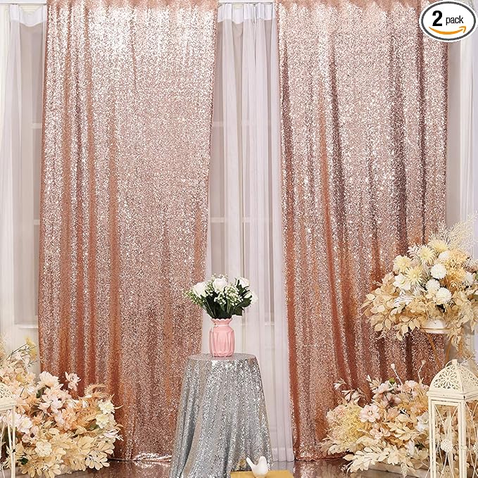 Poise3EHome 2Pcs 3Ft x 8Ft Rose Gold Sequin Backdrop Curtain, Glitter Photography Background, Sequence Xmas Thanksgiving Backdrop for Wedding Party Holiday Festival Decor