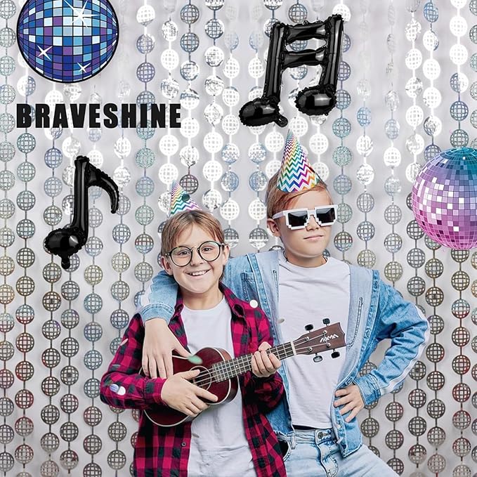 BRAVESHINE Hanging Balls Party Streamers Backdrop - 2 Pack Silver Tinsel Foil Fringe Curtains for 70s 80s 90s Discoball Party, Birthdays, Bachelorette, Engagement, Music, Dance,New Years Decorations