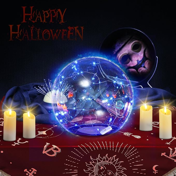 Halloween 14" Clear Acrylic Globe Decoration costume Set for Haunted House with 8.6" Neckless Opening with Blue String Lights 9.8ft Smooth Textured for Halloween