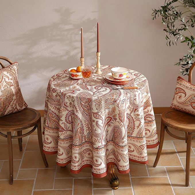 ISAENNE Designer French Red Round Tablecloth,Fall Linen Table Cloth with Cashew Pattern,Stain Proof Decor Tablecloths for Dining Thanksgiving Kitchen Christmas,Diameter 67"-Chauffrey D