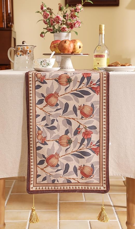 patdrea Designer Vintage SaddleBrown Linen Table Runner 71 Inch Long, Pomegranates Pattern Table Mat, Decoration for Kitchen Dining Table Coffee Table Shelf Cabinet Banquet Christmas ,12"*71"