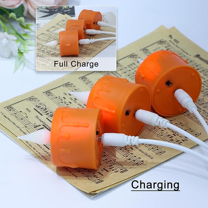 FREEPOWER Orange Halloween Candles,Rechargeable Flameless Candles with Remote Timer, Soft 3D Wick LED Tealights Candle, Rechargeable Candles Flickering Realistic for Halloween Decorations,Set of 6