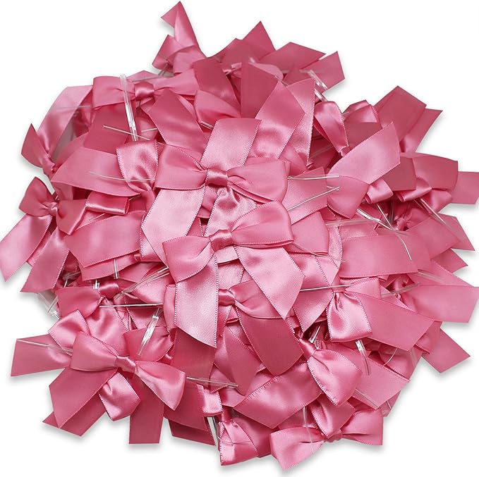 114 Pack Twist Tie Bows for Treat Bags 3" Hot Pink Satin Ribbon Bows for Package Craft, Gift Wrapping Decoration, Candy Bags, Bakery Bags, Wedding, Baptism, Tableware Decor Party Decoration