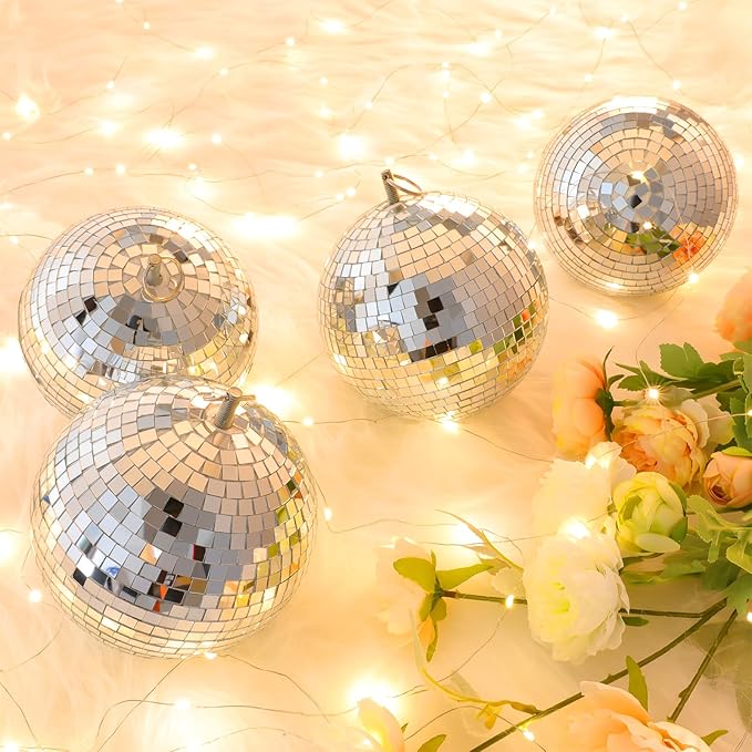 Gold Hanging Mirror Disco Ball : 6 Inches Reflective Silver Ball - 70s Party Club Stage Props DJ Light Effect Decoration (6''-4PCS Gold and Silver)