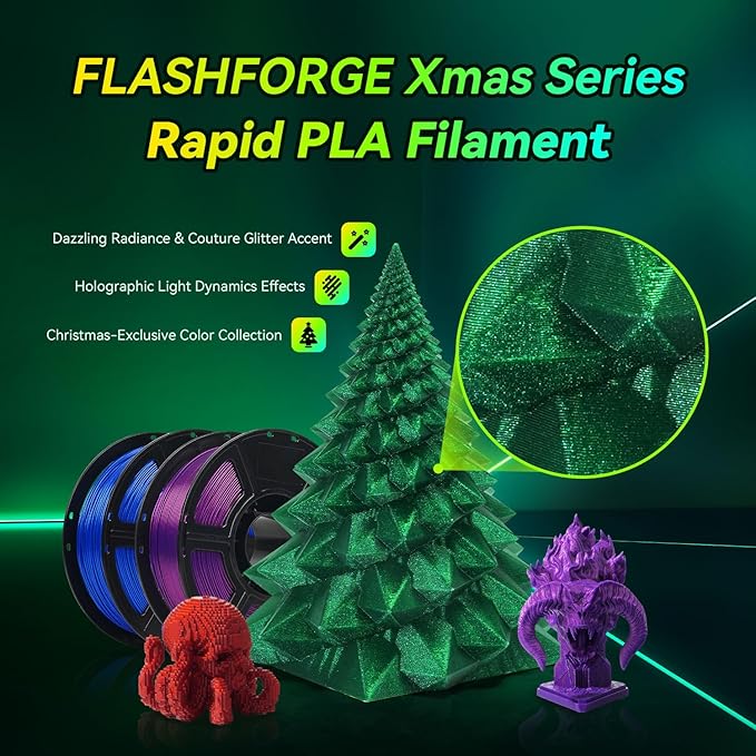 FLASHFORGE Xmas Series Rapid PLA Filament Aurora Blue, High Flow Speedy 3D Printer Filament Max 500mm/s High-Speed Printing, Radiated Unparalleled Brilliance, Twinkling and Ultra-Smooth Finish