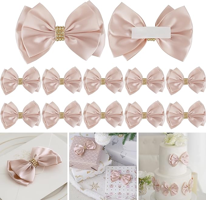 Pink Ribbon Bow 4'' Premade Satin Bows, Pink Gift Bows with Rhinestone, Rose Gold Bow for Presents, Greeting Cards, Treat Bags, Wine Bottle, Valentines Bows for Gift Wrapping-12 Counts