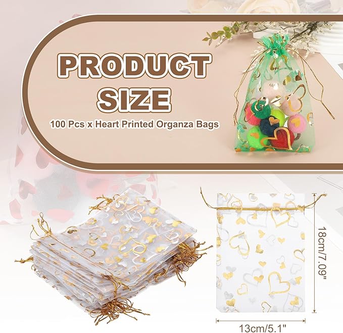 PATIKIL 100 Pcs 5x7 Inch Heart Printed Organza Bags, Gold Silver Sheer Heart Organza Bags with Drawstring for Christmas Candy Jewelry Party Wedding Favor Gift