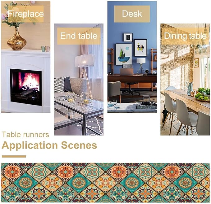 Bohemian Patchwork Table Runnerboho Colorful Tile Patchwork Indian Floral Print Table Runner for Home Kitchen Indoor Outdoor Party Wedding Decor, 13x36inch