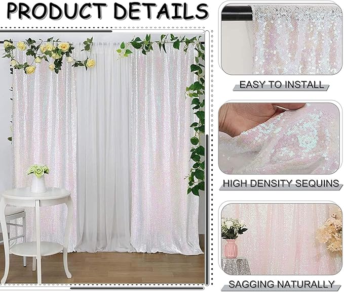 Iridescent White Sequin Backdrop Curtains 1 Panel 10FTx10FT Glitter Iridescent White Photo Backdrop Party Wedding Baby Shower Curtain Sparkle Photography Background