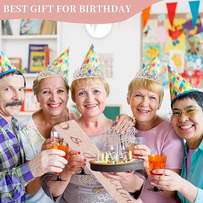 55 Birthday Decorations for Women Including Sash, Tiara, Numeral Candles and Cake Topper, 55th Birthday Gifts for Women, Rose Gold Party Favor Supplies