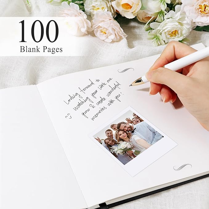SUNEE Wedding Guest Book - Polaroid Guest Book Weddings Reception, Linen Cover 7" x 9" Guest Book for Baby Shower, Birthdays and Special Events, 100 Blank Pages for Wedding Sign in and Photos, Black