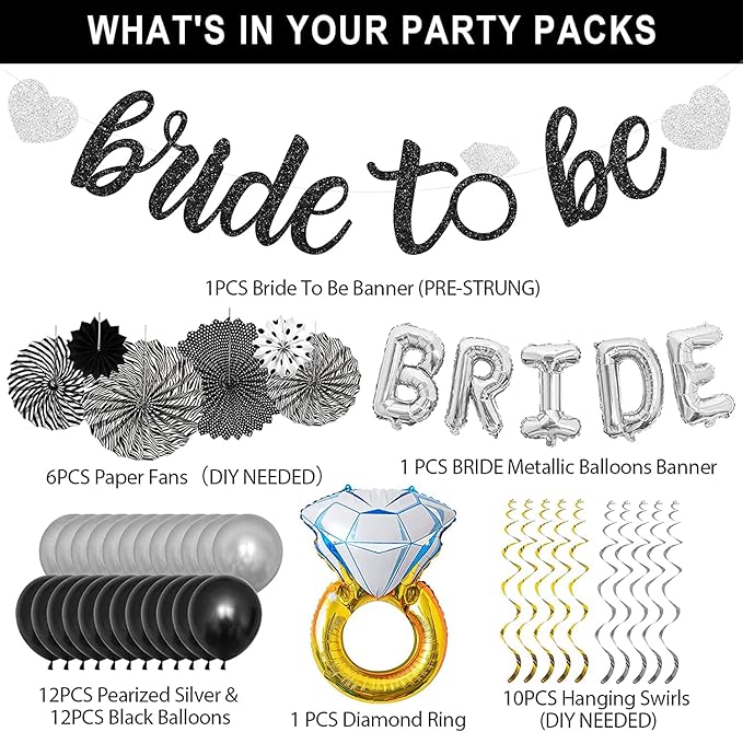 Black Silver Party Decorations - Bridal Shower Decorations Set Bachelorette Party Supplies with Bride to Be Banner,Bride Foil Balloon,Diamond Ring Foil Balloon,Paper Fan Hanging Swirl