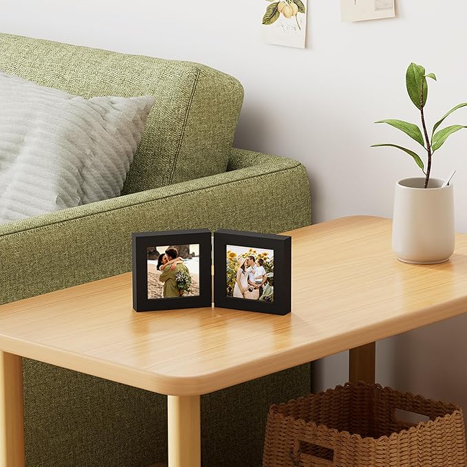 decorUhome Double 4x4 Picture Frame Vertical, Engineered Wood Bifold Photo Frame with Plexiglass for Tabletop Display, 4x4, Black