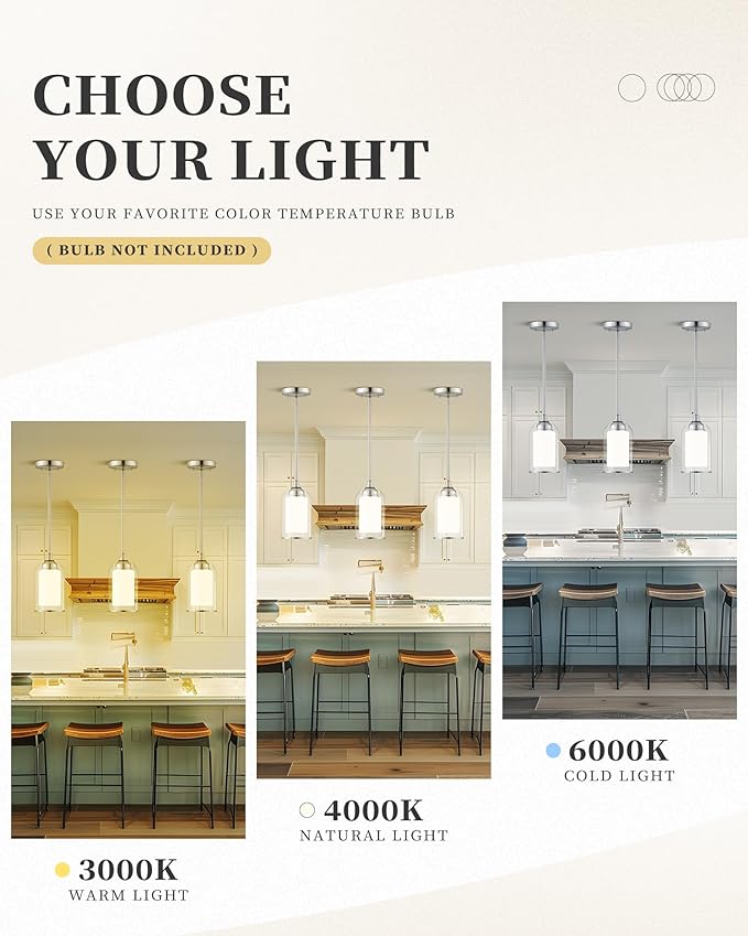 LIROUVET Modern Pendant Lights - Dual Glass Pendant Lights Kitchen Island, Brushed Nickel Hanging Lamp with Clear and Milk Glass, 1=Light Pendant Lighting for Kitchen, Dining Room, PL02BN