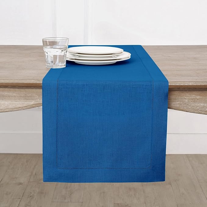 Solino Home Linen Table Runner 36 Inches - 100% Pure Linen Indigo Blue Hemstitch Table Runner 14 x 36 Inch Ideal for Dresser and Coffee Tables - Fall, Autumn, Christmas, Holiday - Classic Hemstitch