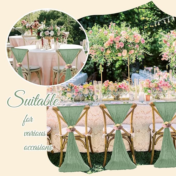 36 Pcs Sage Green Cheesecloth Chair Sashes, 16 x 108 inch Gauze Fabric Washable Chair Sashes Bows Designed for Aisle Decorations Universal Chair Cover Decor for Wedding Reception Party Banquet